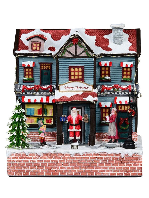 Santa Visiting Family Home With Mum & Kids Christmas Village Scene - 24cm