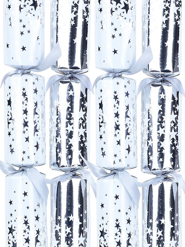 Shiny Silver & White With Stars Pattern Christmas Cracker Bon Bons - 8 x 30cm