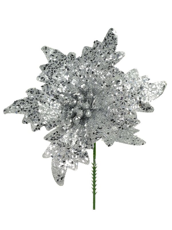 Silver Glittered Flecks Poinsettia Pick - 16cm