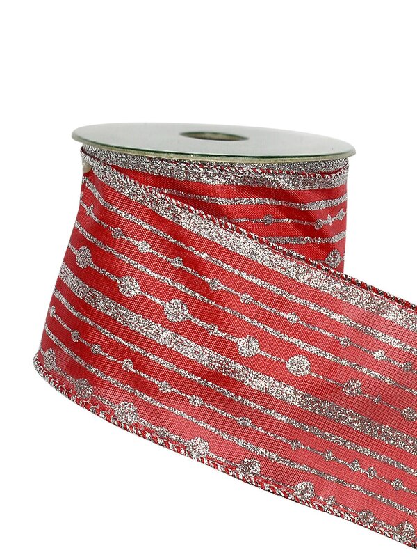 Silver Line & Dot Pattern On Red Ribbon - 3m