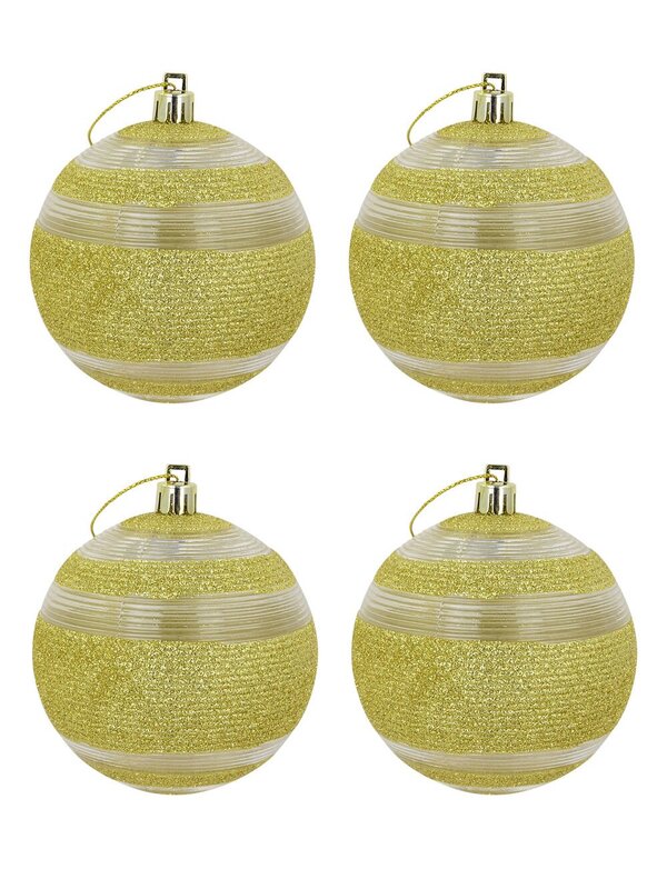 Soft Gold Glitter With Clear Lined Detail Baubles - 4 x 80mm