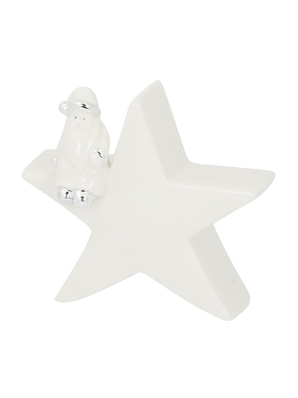 Star With Santa In White Gloss & Silver Ceramic Christmas Ornament - 16cm