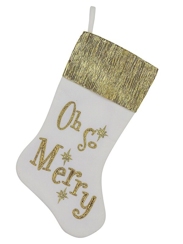 White Fleece Stocking With Metallic Gold Print & Metallic Gold Cuff - 48cm