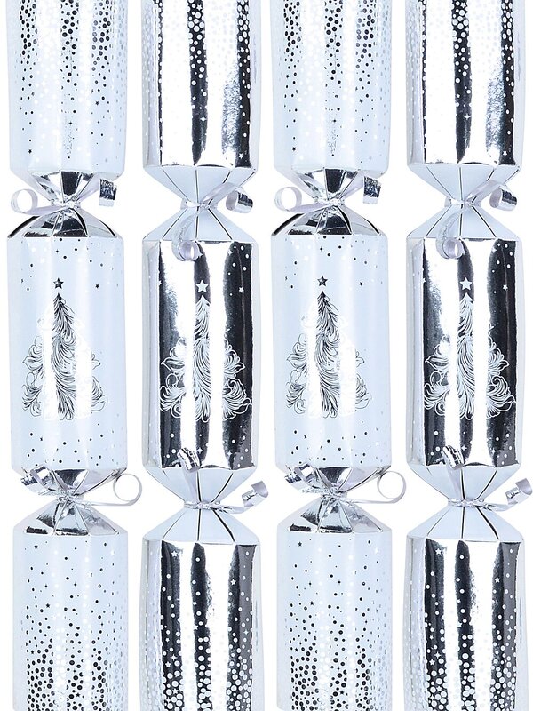 White & Shiny Silver With Tree & Stars Christmas Cracker Bon Bons - 12 x 30cm