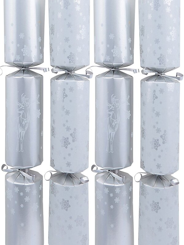 White & Silver Reindeer & Snowflakes Christmas Cracker Bon Bons - 10 x 36cm