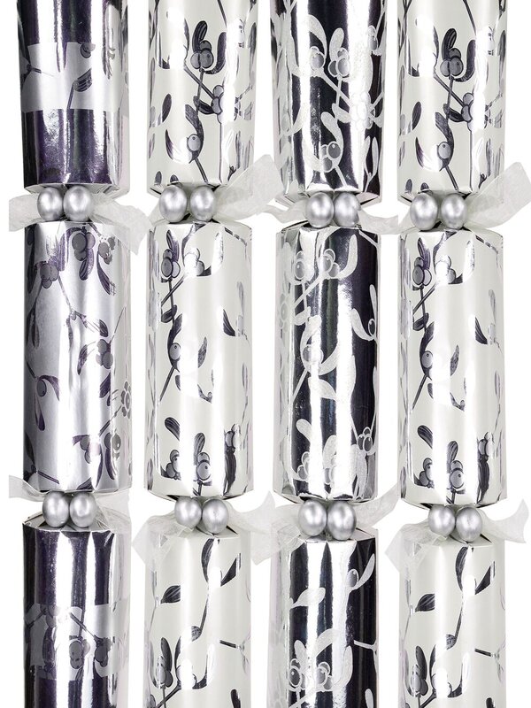 White & Silver With Silver Holly Design Christmas Cracker Bon Bons - 6 x 41cm