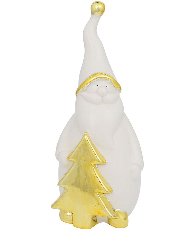 White Winter Large Santa With Gold Tree Ceramic Christmas Ornament - 19cm