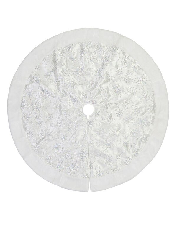 White With Sequin Swirl Pattern & Faux Fur Trim Christmas Tree Skirt - 1.2m