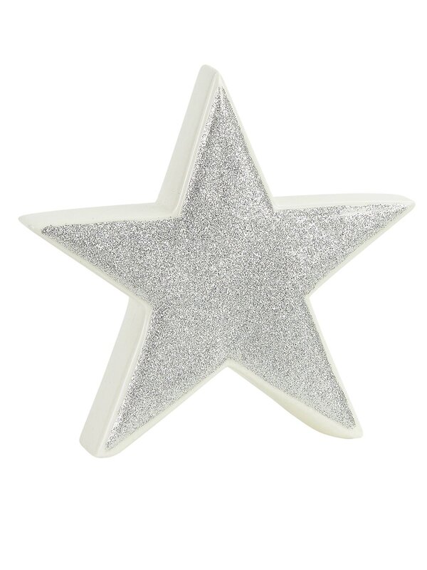 White With Silver Glitter Free Standing Star Ceramic Christmas Ornament - 14cm