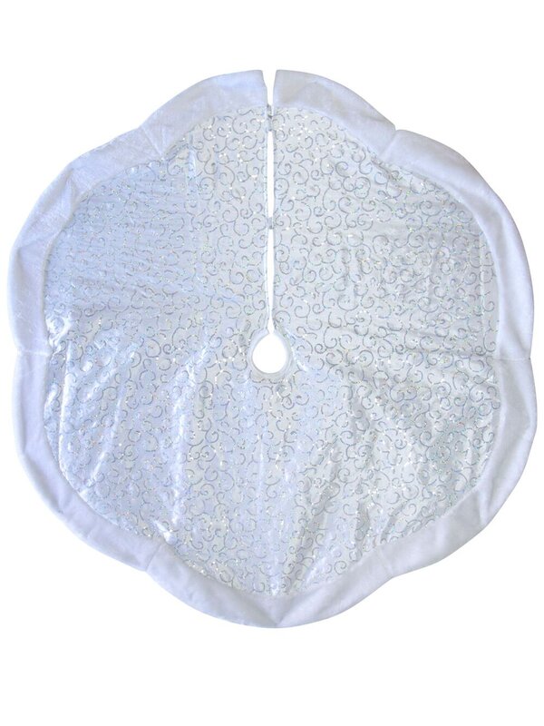 White With Silver Sequin Pattern & White Trim Tree Skirt - 1.2m