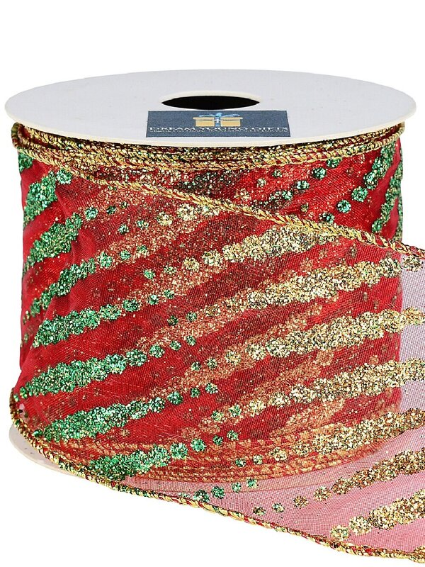 Wired Red Sheer Christmas Ribbon Gold & Green Tapered Lines | 9m x 63mm