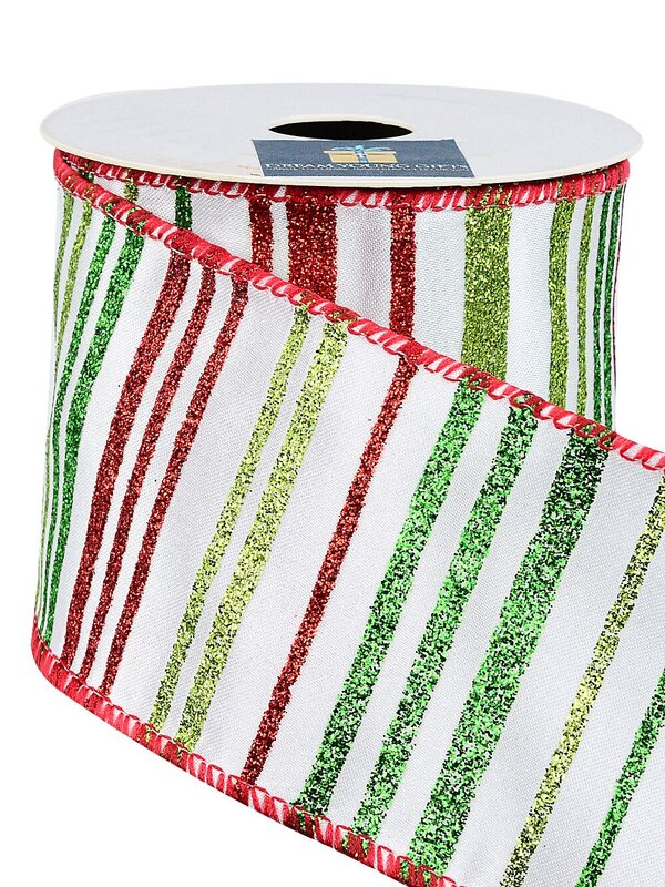 Wired White Satin Ribbon Red & Green Glitter Stripes | 9m x 63mm
