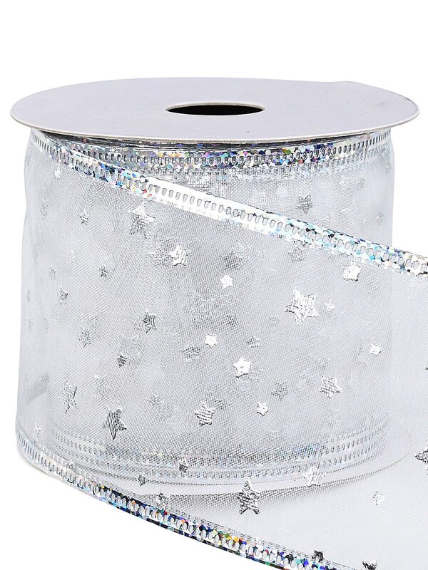 Wired White Sheer Christmas Ribbon With Metallic Silver Stars | 3m x 63mm